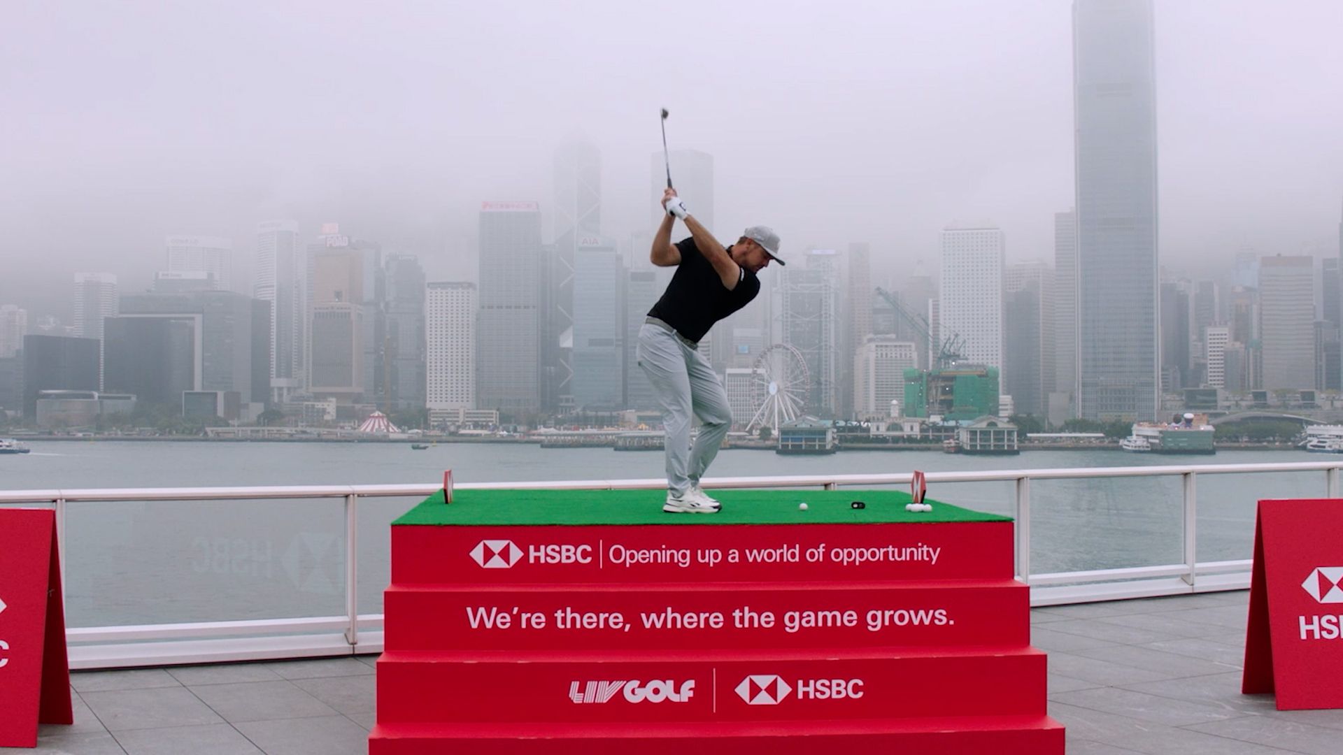 Bryson attempts to make a hole-in-one over Victoria Harbour